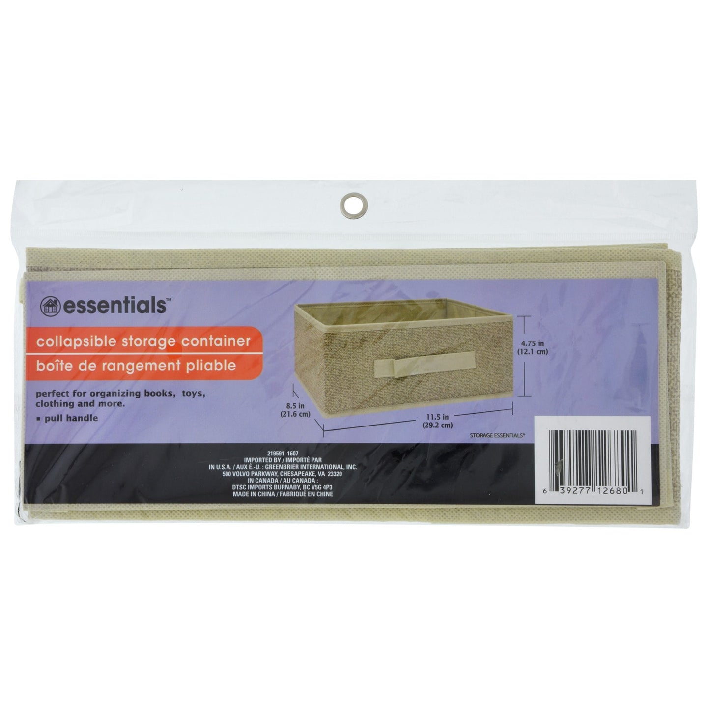 Essentials Beige Collapsible Storage Containers with Handles, 11.5x4.75x8.5 in.