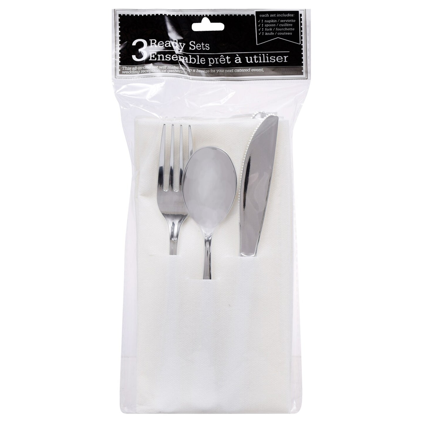 Silver Plastic Flatware and Napkin Sets, 4-ct. Packs (Pack of 24)