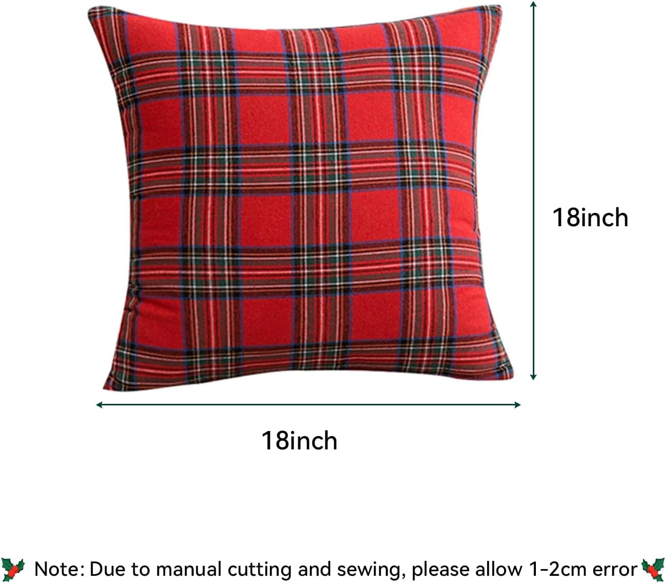 MODAIO - Set of 2 Red Plaid Christmas Pillow Covers, 18x18 inch Decorative Cushion Cases